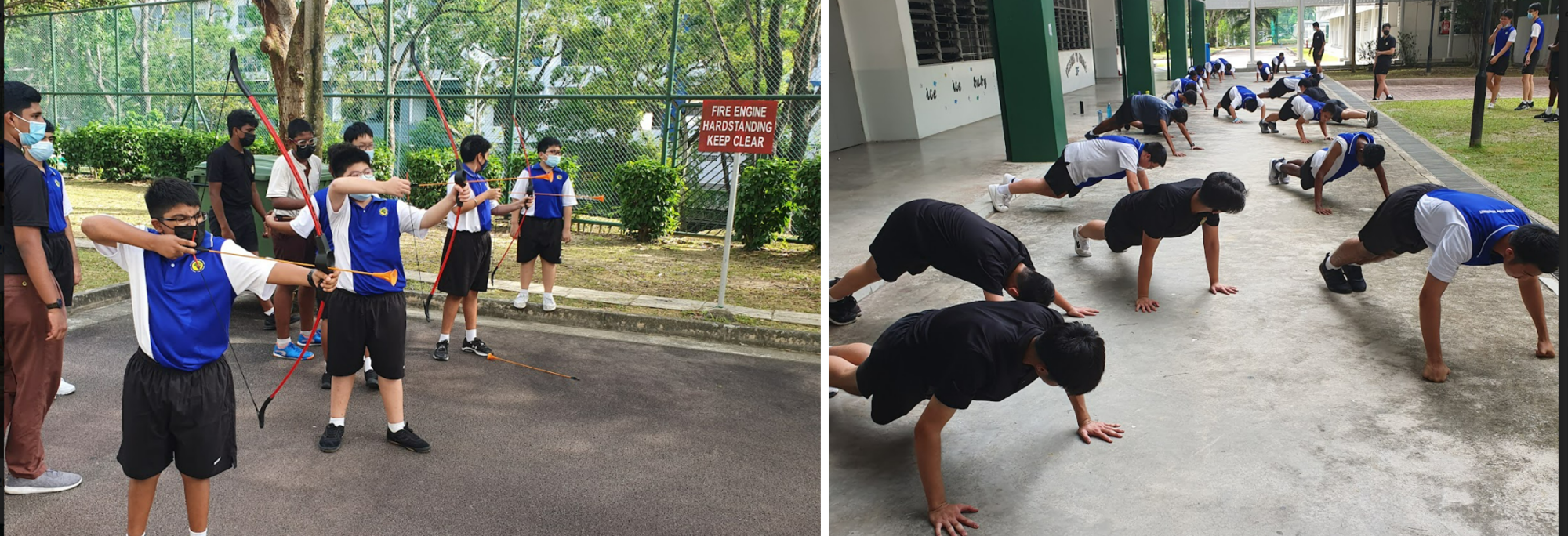 Students practice archery outdoors on the left, while a large group does push-ups on a covered walkway on the right.